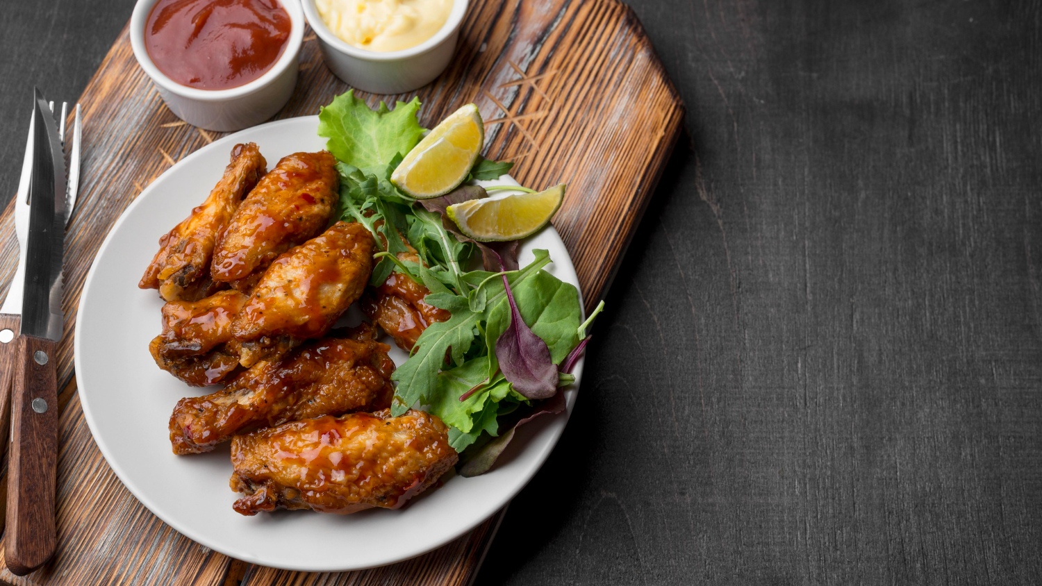 high angle fried chicken with sauce salad plate